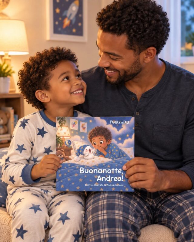 Papà e figlio con il libro personalizzato Buonanotte, Andrea!