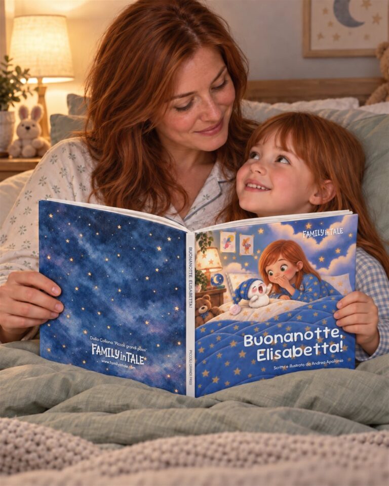 Mamma e bambina leggono la favola della buonanotte personalizzata Buonanotte, Elisabetta!