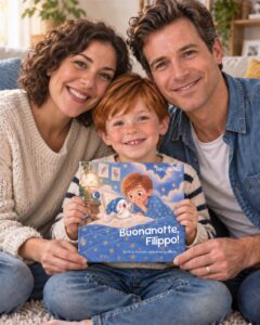 Mamma, papà e bambino con il libro personalizzato Buonanotte, Filippo!