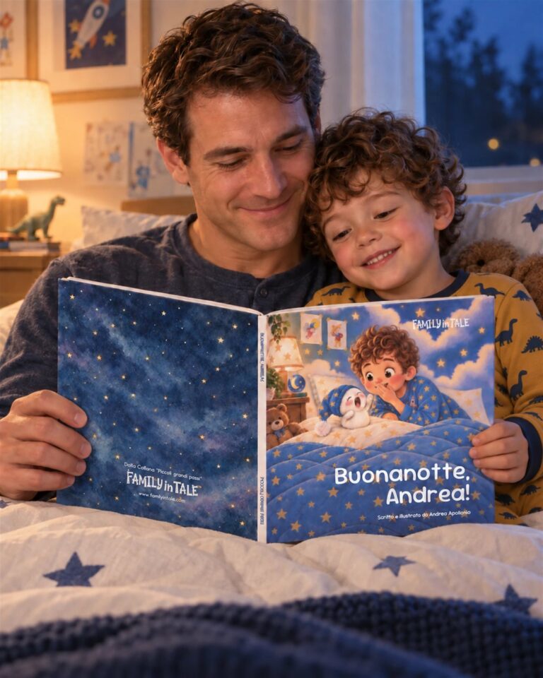 Papà legge al figlio il libro della buonanotte personalizzato Buonanotte, Andrea!