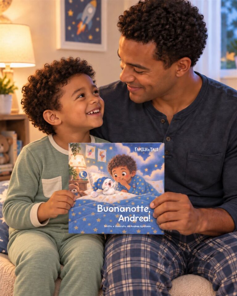 Papà e figlio con il libro personalizzato regalo Buonanotte, Andrea!
