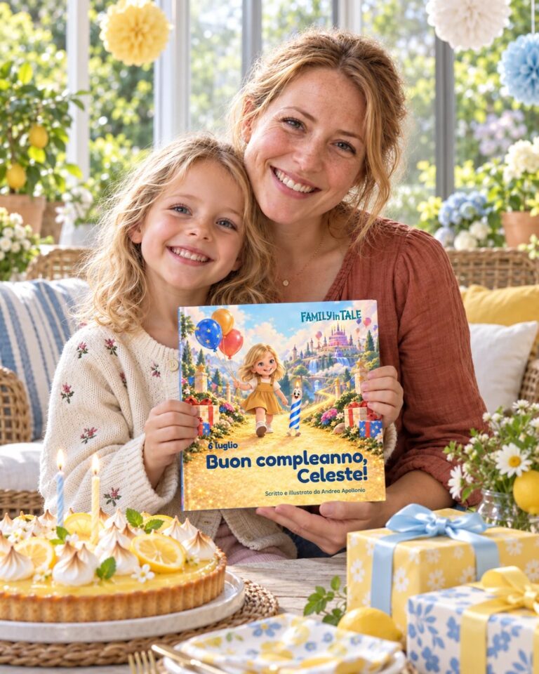 Bambina e mamma alla festa con la torta e il libro personalizzato Buon compleanno, Celeste!