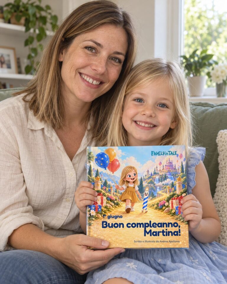 Mamma e figlia sorridenti con il libro di compleanno personalizzato Buon compleanno, Martina!