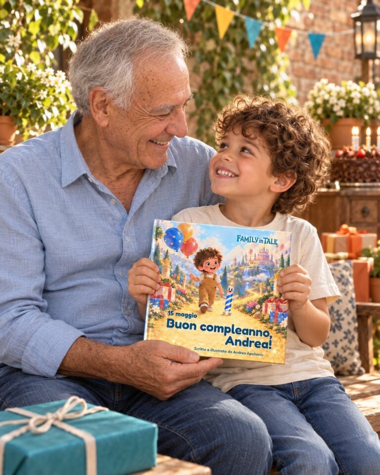 Nonno e nipote con il libro personalizzato Buon compleanno, Andrea! regalato per il compleanno