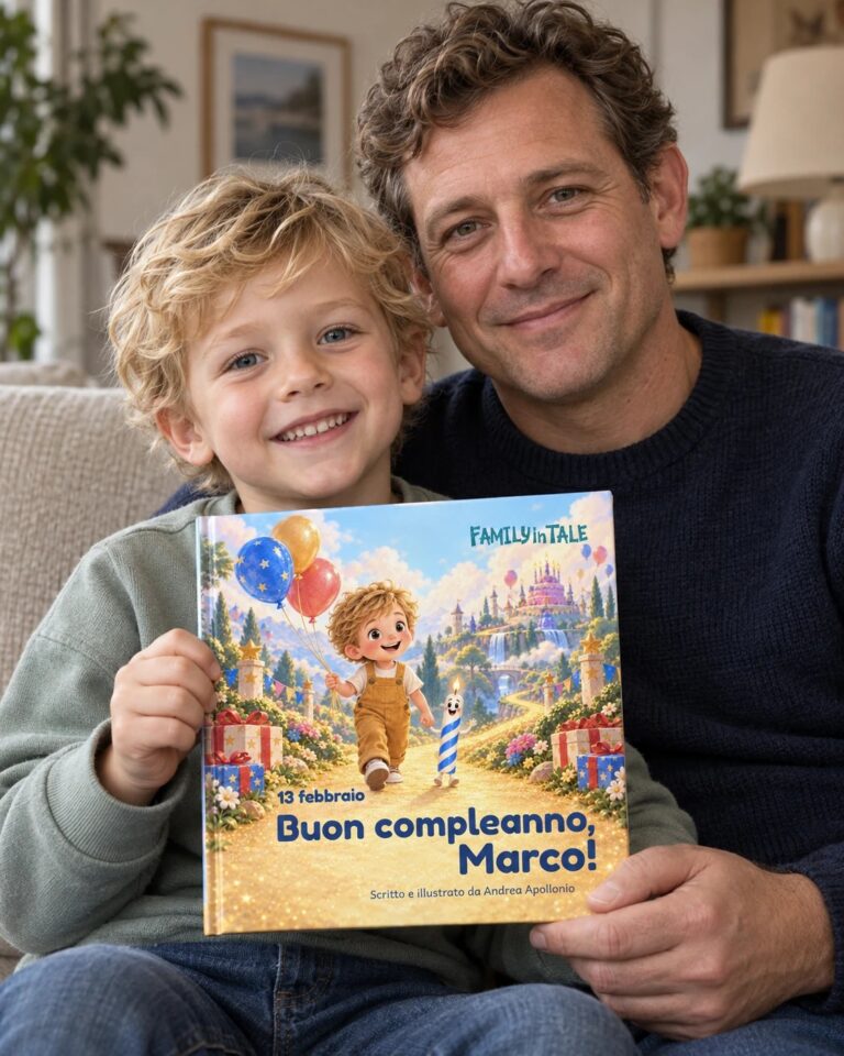 Papà e figlio con il libro di compleanno personalizzato Buon compleanno, Marco!