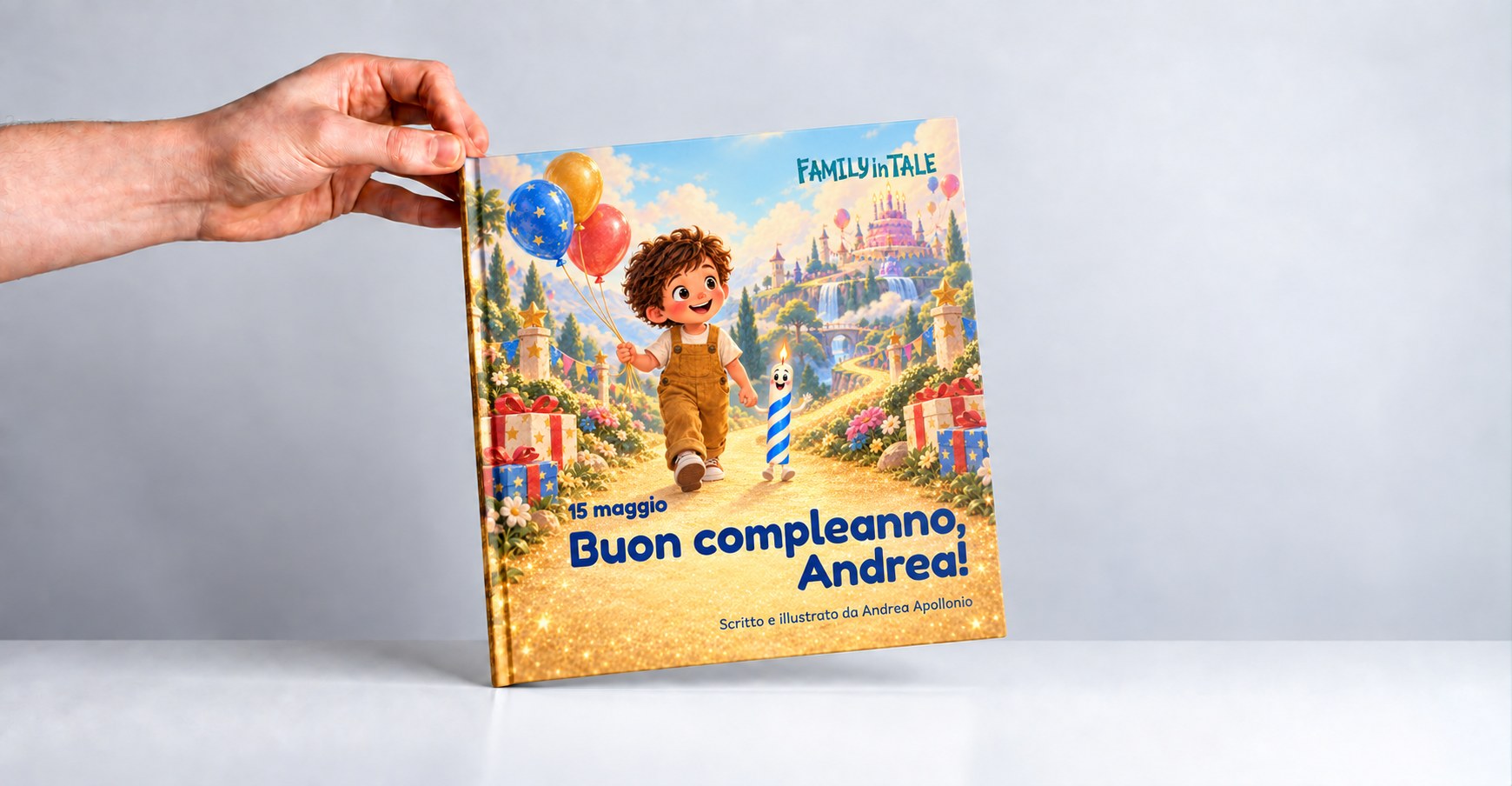 Libro della Favola del Compleanno personalizzato: copertina "Buon compleanno, Andrea!" con la data del 15 maggio